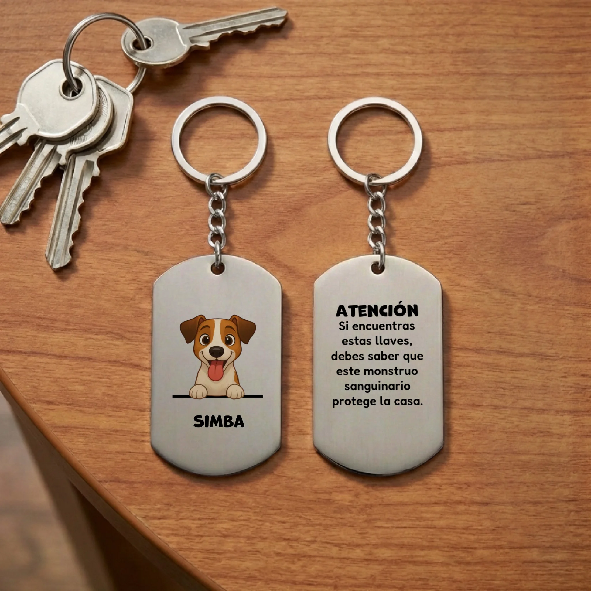 Llavero personalizado de acero con perro Jack Russell y mensaje divertido.