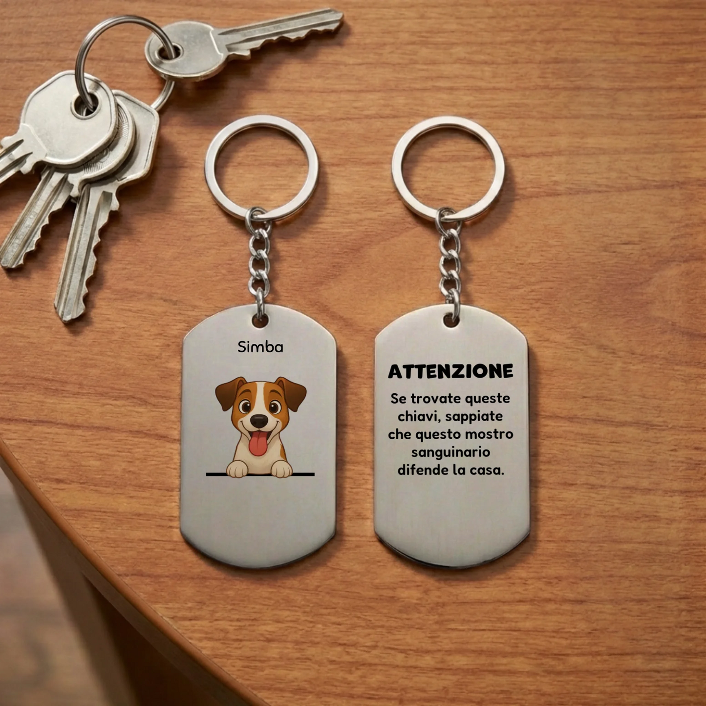 Portachiavi personalizzato in acciaio inossidabile con illustrazione di cane Jack Russell e testo umoristico.