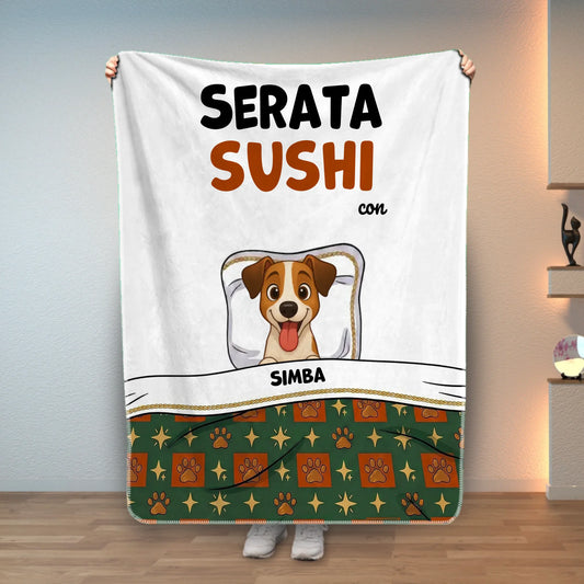 Coperta personalizzata Draw My Pets 'Serata sushi con' con cane cartoon e nome