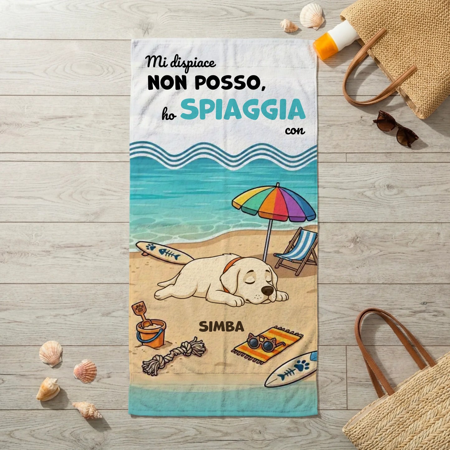 Asciugamano personalizzato con cane che dorme in spiaggia e la frase Mi dispiace, non posso, ho spiaggia con Simba.