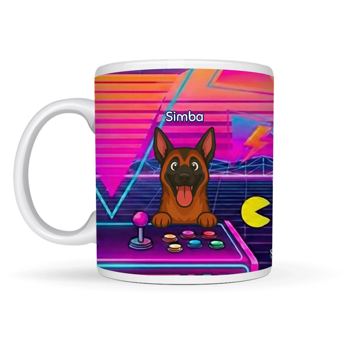 Gepersonaliseerde keramische mok met een cartoon Duitse herder in een retro arcade game thema, met naam Simba en Pac-Man icoon