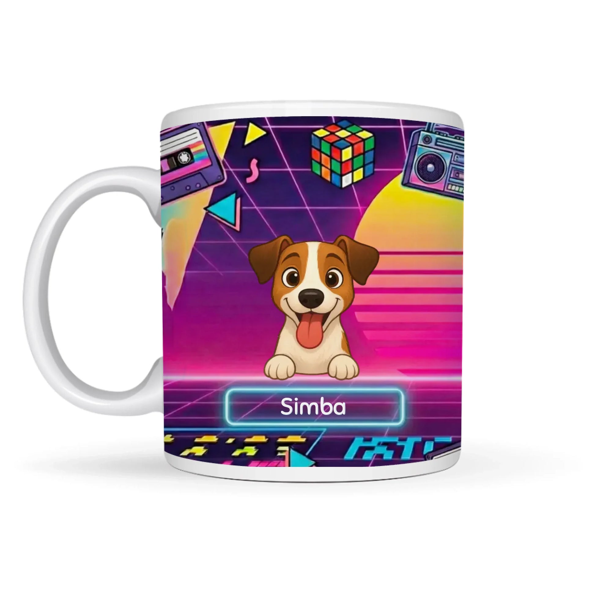 Taza de cerámica Pixel Power personalizada con el retrato cartoon de un perro y nombre