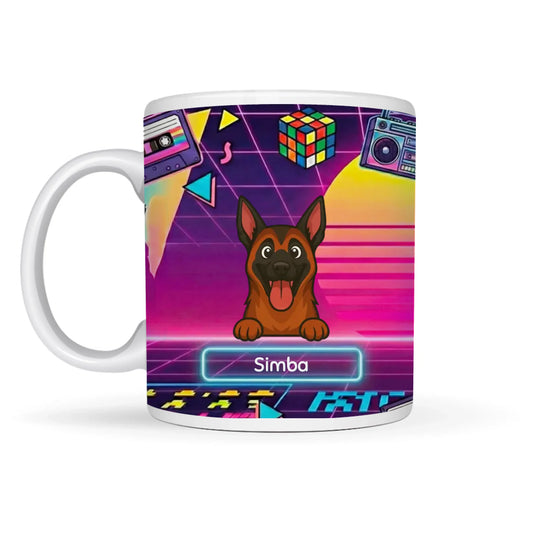 Gepersonaliseerde keramische Pixel Power mok met cartoon hond in retro 80s neonstijl en naam
