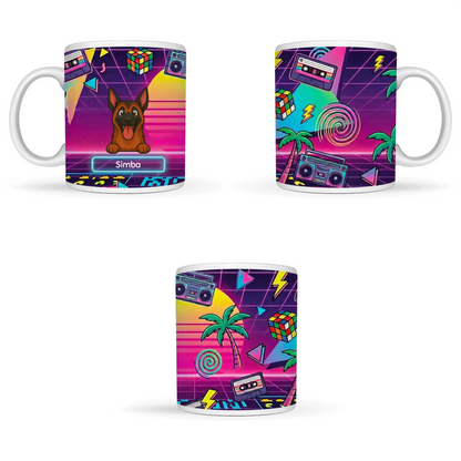 Detail van de Pixel Power mok met vrolijke hond en neon naamveld