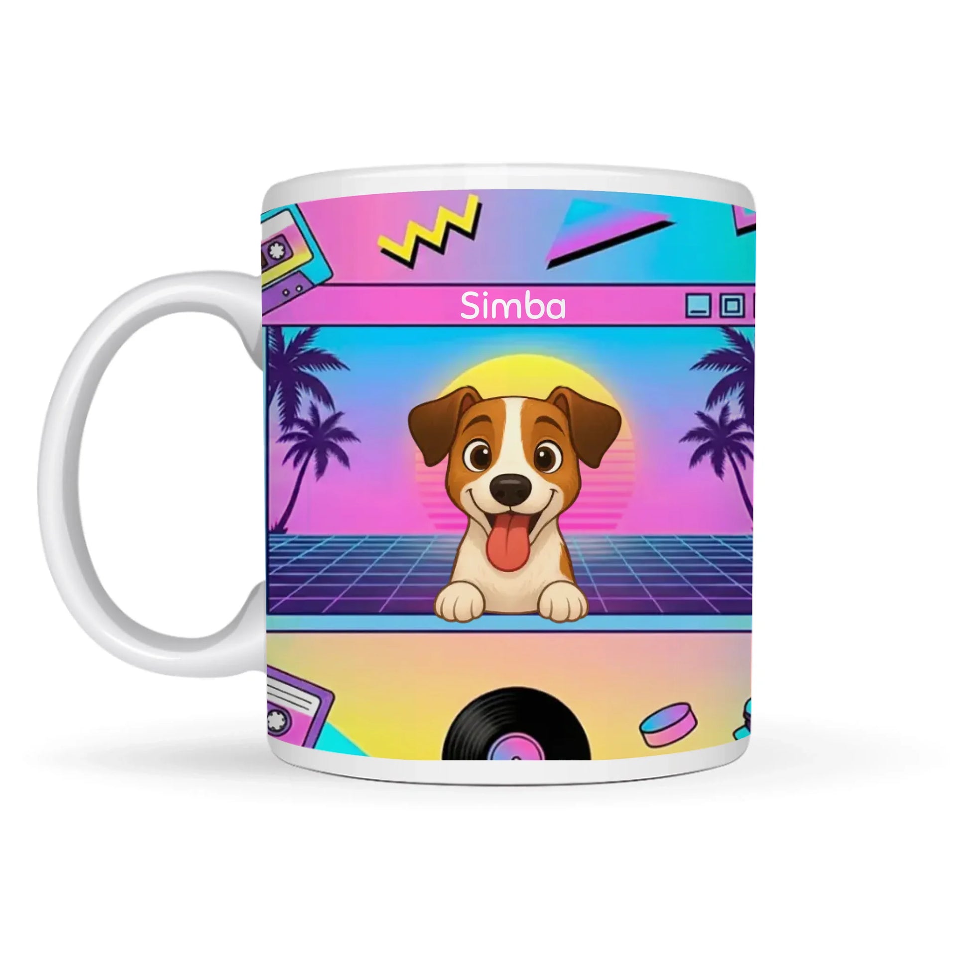 Personliggjort keramisk krus med glad Jack Russell-hund i retro 80'er arkade-stil og kæledyrs navn