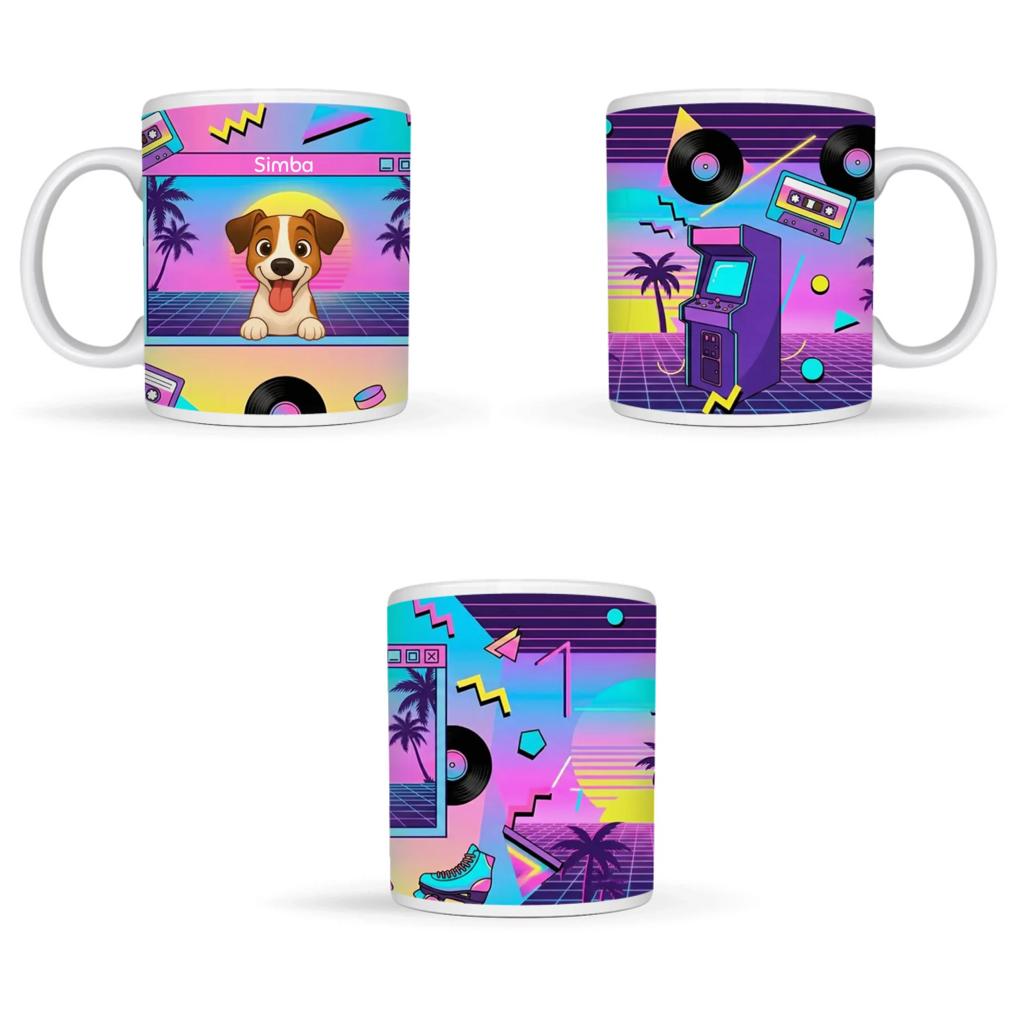 Nærbillede af hvidt krus med retro neonfarver, palmetræer og kassettebånd design