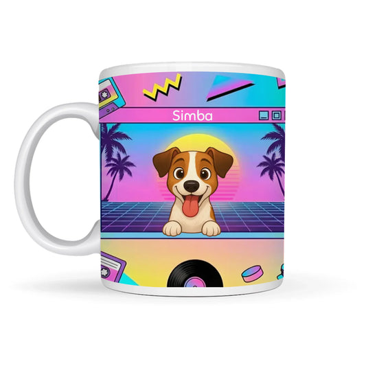 Tazza in ceramica personalizzata Roller & Arcade con ritratto di cane cartoon in stile retro anni '80.