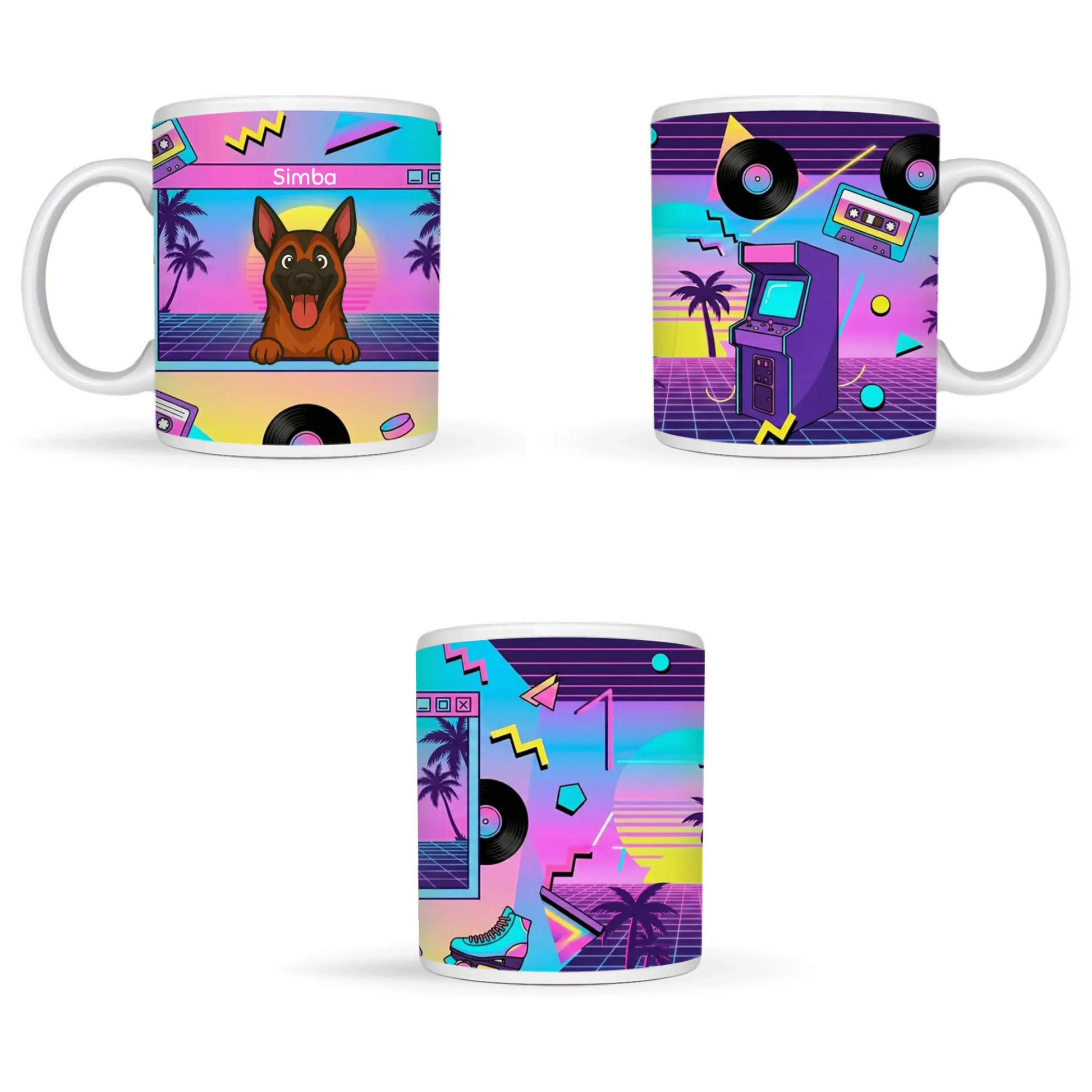 Detail van de gepersonaliseerde mok met de naam "Simba" en retro cassette tape.