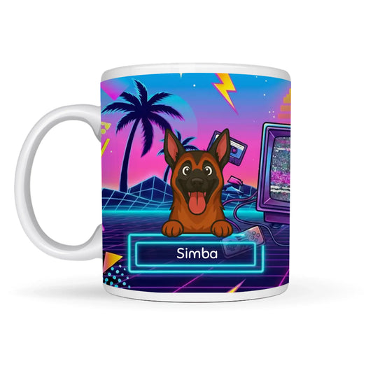 Gepersonaliseerde keramische mok VHS-generatie met cartoon hond en naam 'Simba' in neon frame
