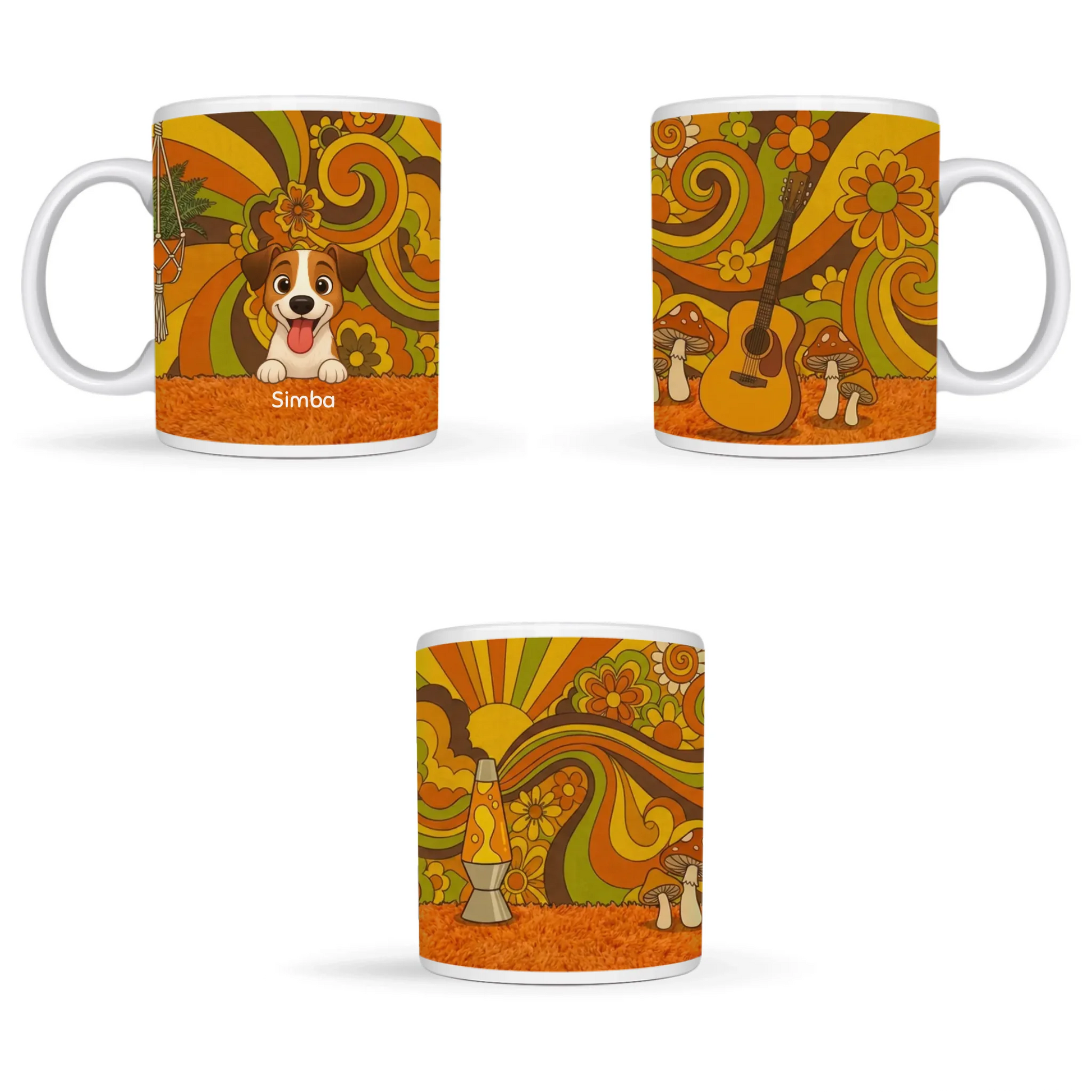 Nærbillede af det personlige krus med en glad cartoon hund i et retro boheme-design.