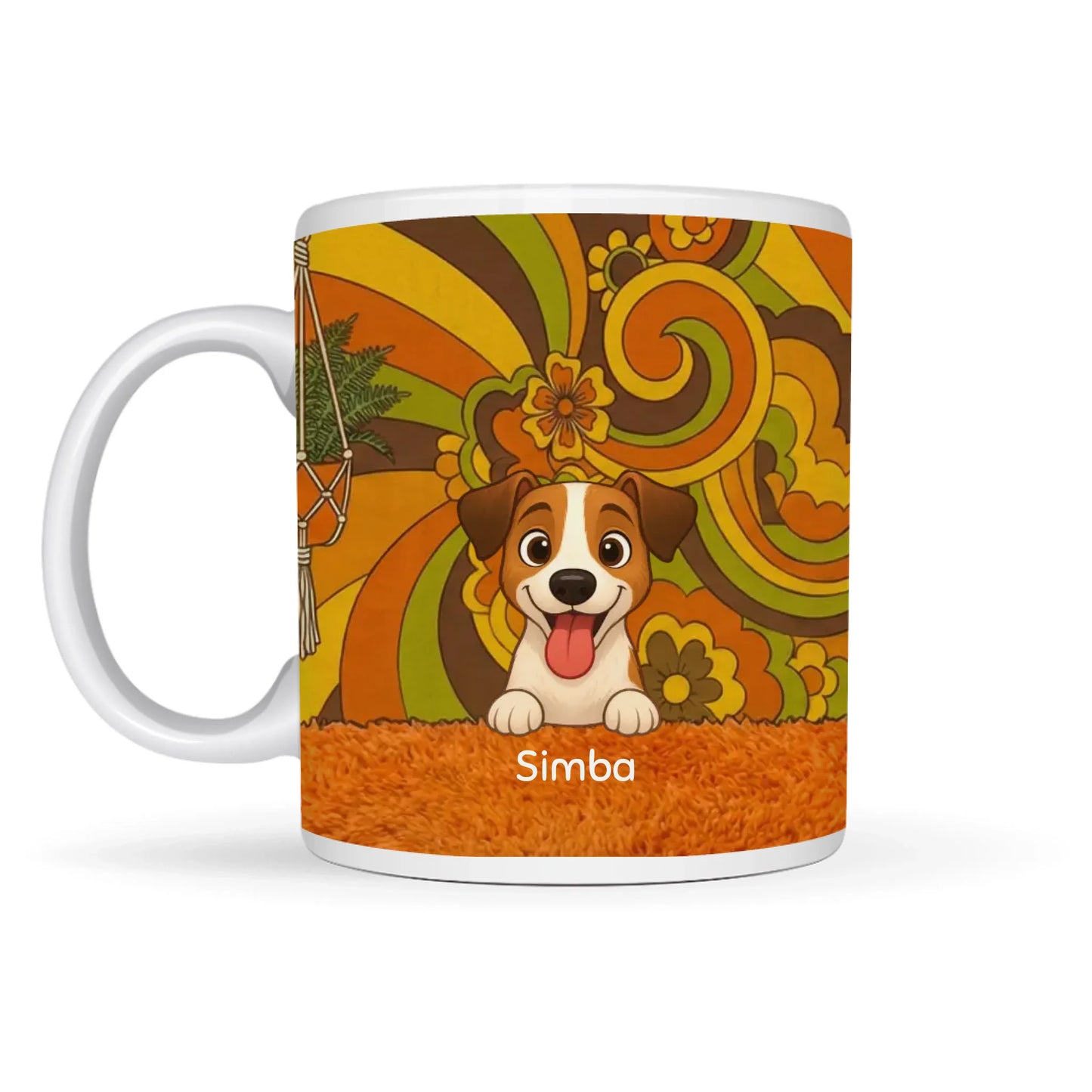 Tazza personalizzata in ceramica bianca con ritratto cartoon di Jack Russell e design bohémien retrò, nome Simba.