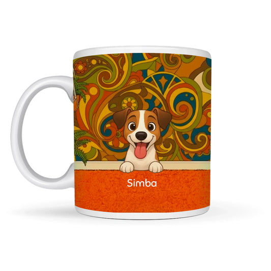 Personligt keramikkrus med glad Jack Russell-lignende hund i groovy retro-lejlighed design med kæledyrs navn.