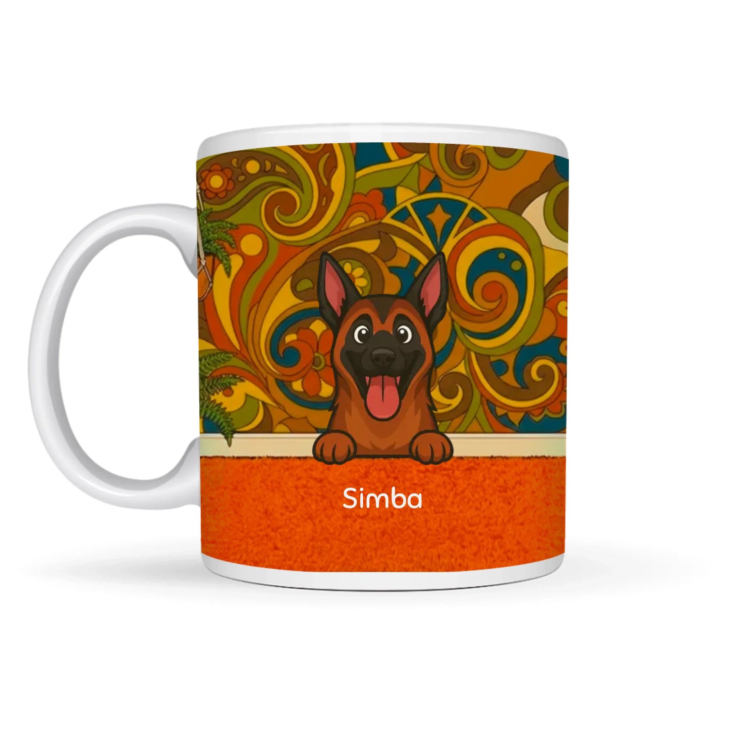 Gepersonaliseerde keramische mok met groovy patroon en vrolijke hond Simba.