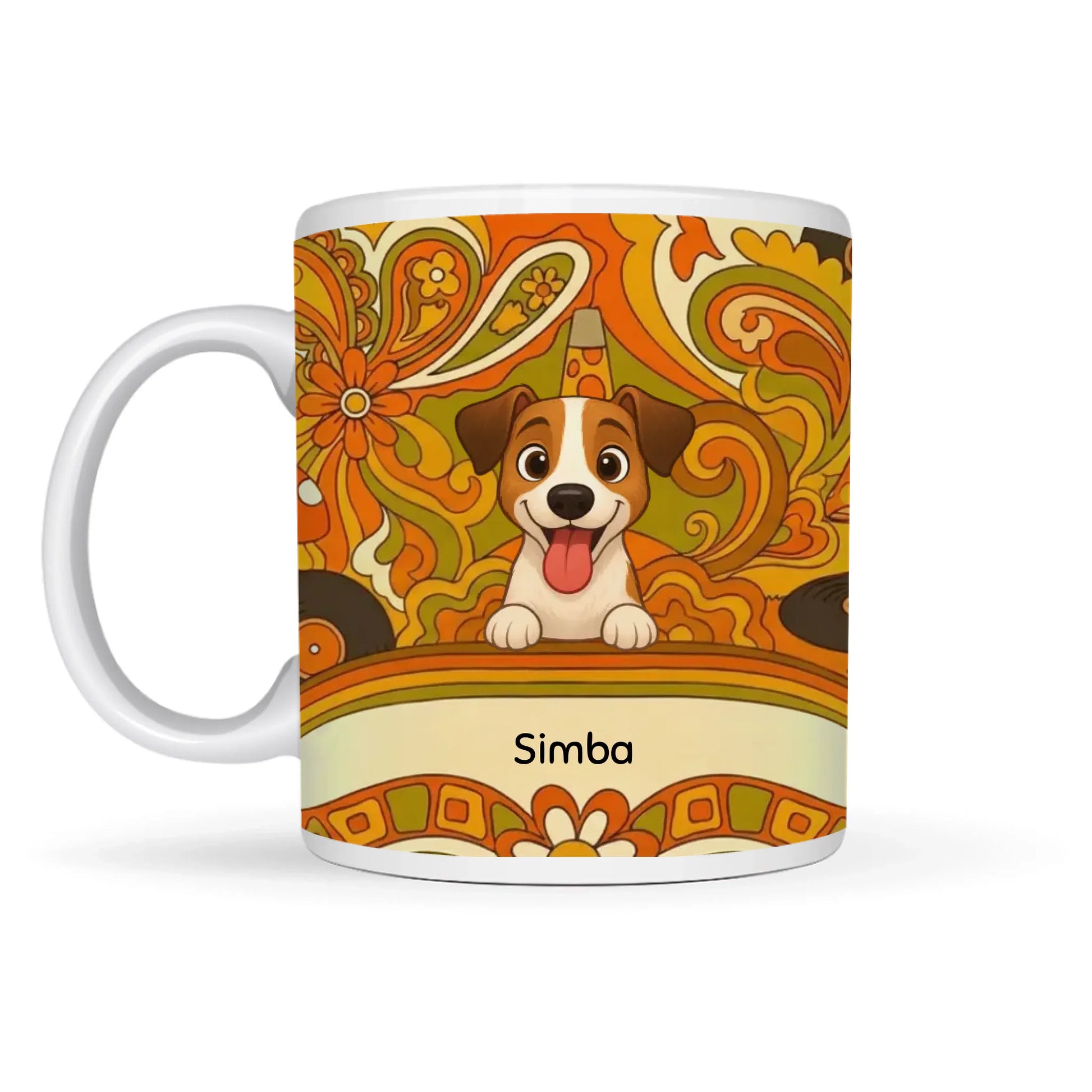 Tazza personalizzata "Sole Psichedelico" con ritratto di cane sorridente e nome
