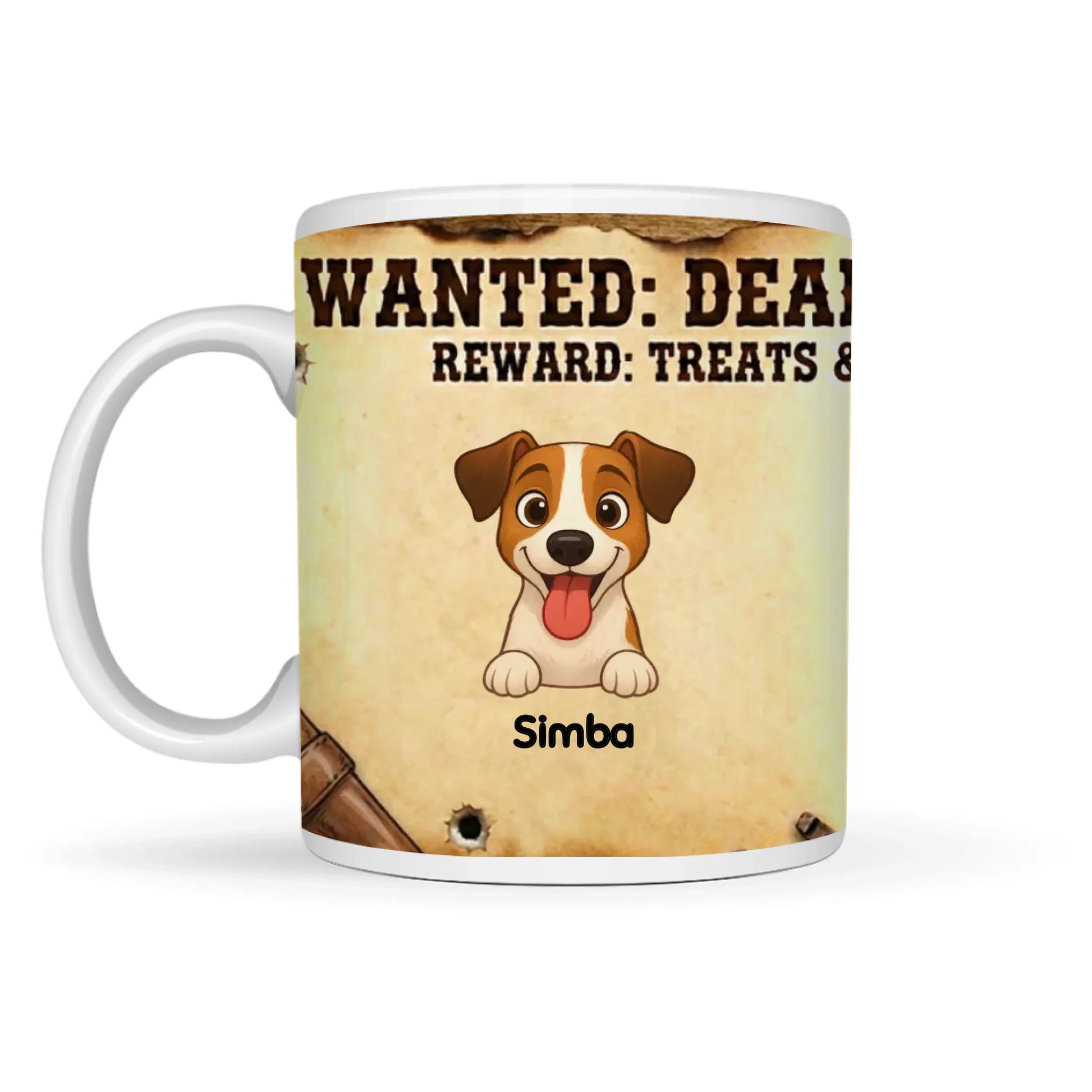Taza personalizada de cerámica 'Se Busca' con retrato de perro y nombre Simba.