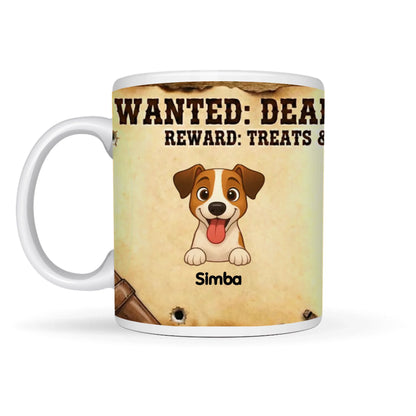 Taza personalizada de cerámica 'Se Busca' con retrato de perro y nombre Simba.