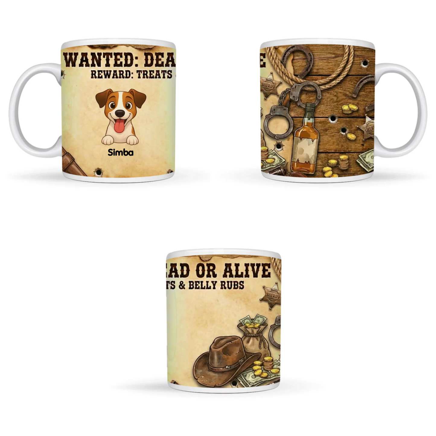 Detalle del retrato de perro feliz y cartel 'Wanted' en la taza personalizada.