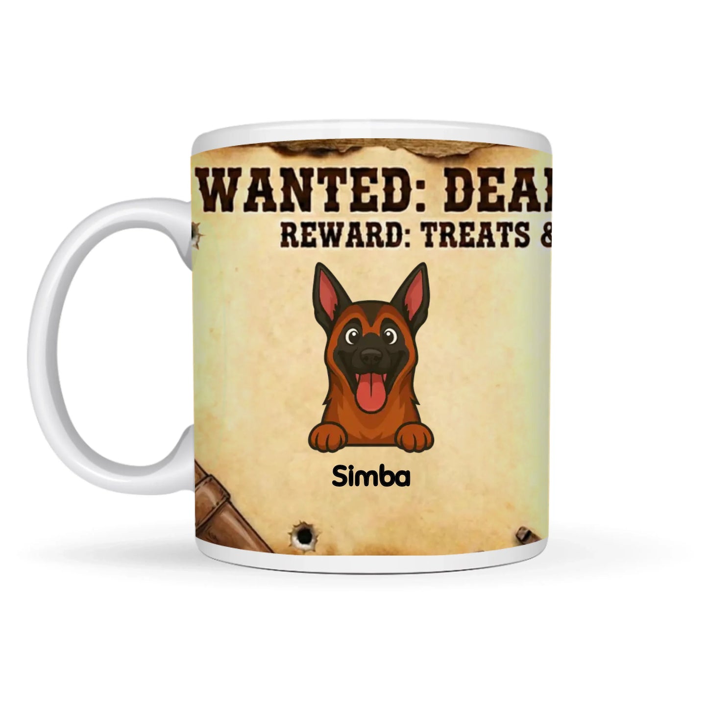 Gepersonaliseerde keramische mok met 'Wanted' poster design en cartoon portret van een Duitse herder, naam 'Simba'