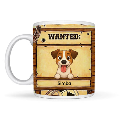 Personligt keramikkrus med et sjovt 'Wanted'-design og et tegnet portræt af en hund.