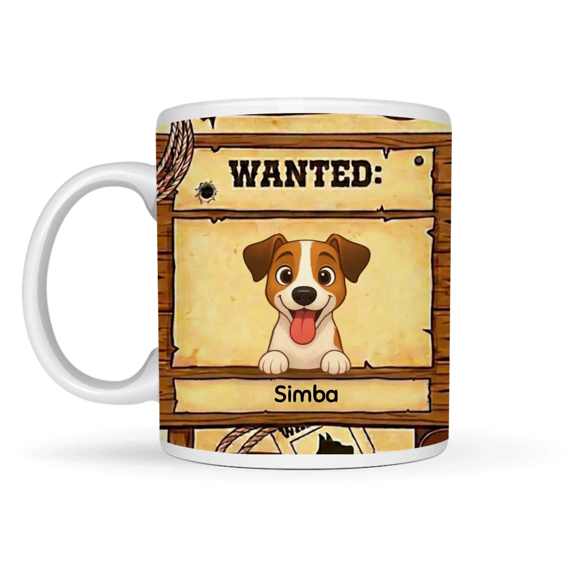 Taza de cerámica blanca personalizada 'Se Busca' con un perro Jack Russell sonriente y el nombre de tu mascota, diseño vaquero.