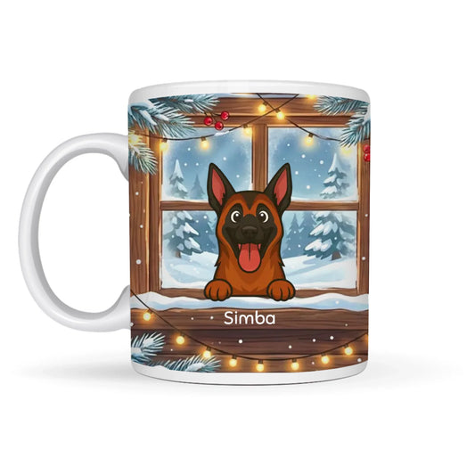 Gepersonaliseerde mok met cartoon hond door winterraam en naam Simba