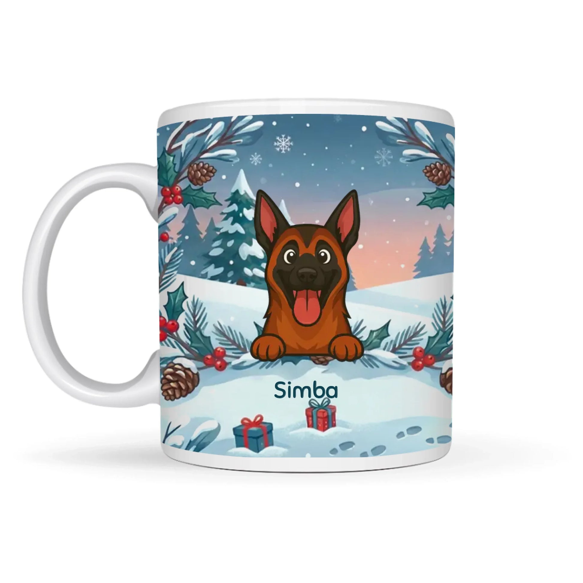 Gepersonaliseerde keramische mok met vrolijke cartoon hond in winters sparrenbos en 'Simba' naam