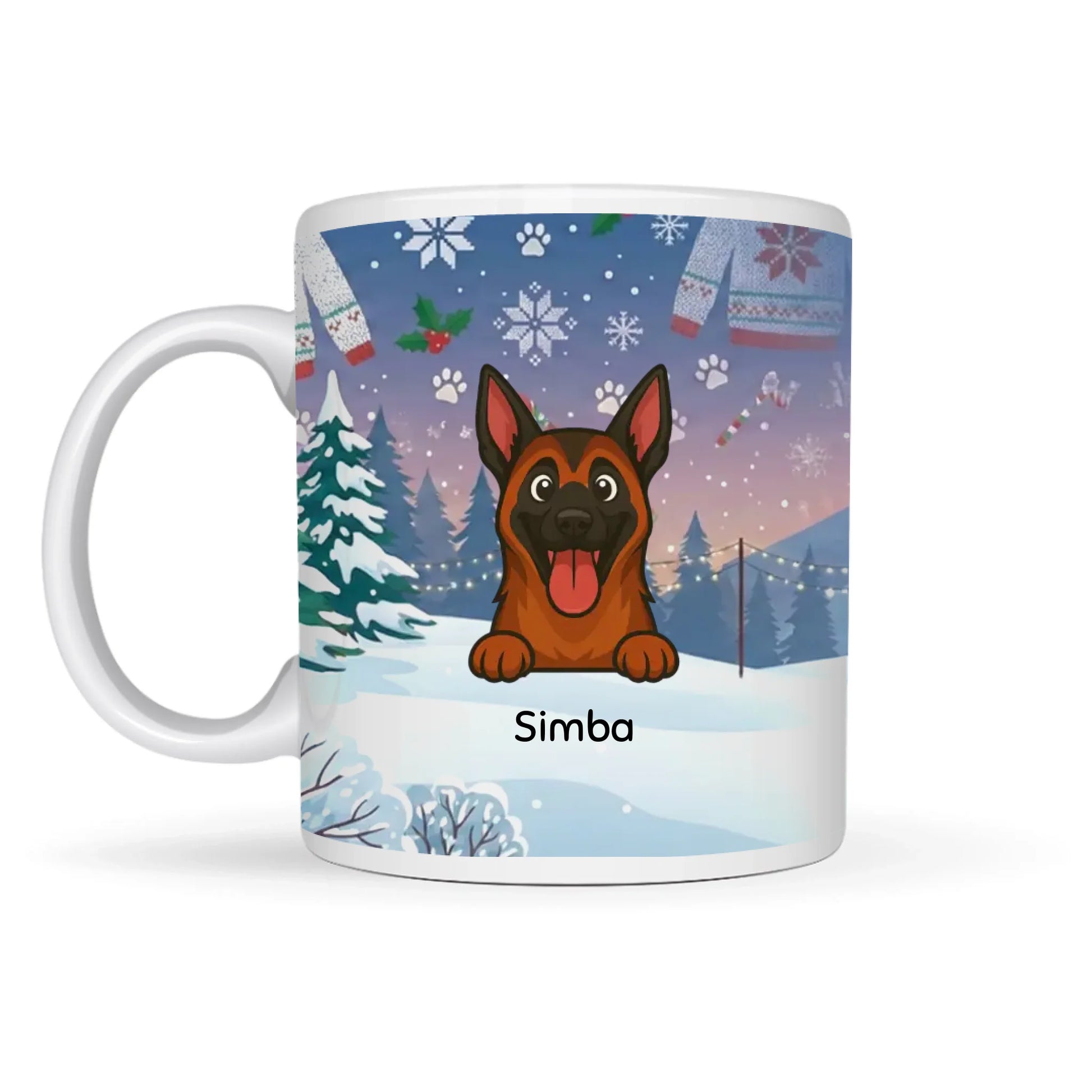 Gepersonaliseerde keramische mok met cartoon portret van een Duitse herder in een winterlandschap met sneeuw en chaletverlichting, naam Simba.