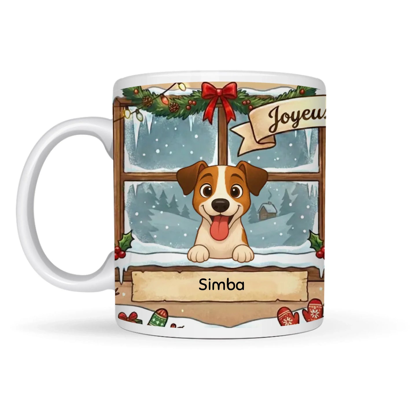 Personligt keramikkrus: Glad hund i julechaletvindue med sne og navn.