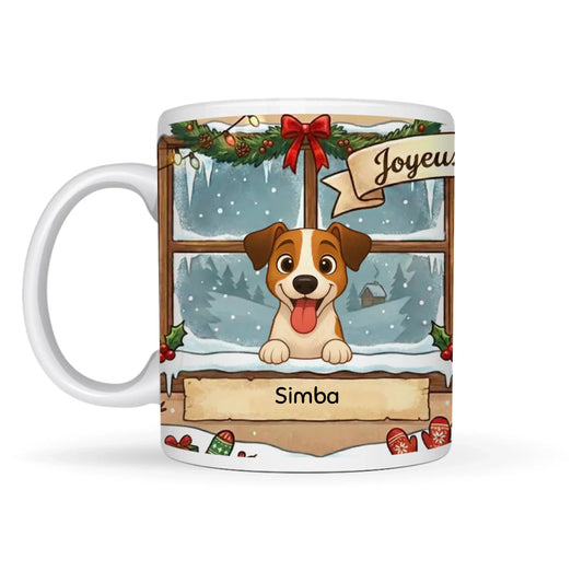 Tazza personalizzata in ceramica "Buon Natale allo Chalet" con un simpatico cane Jack Russell alla finestra innevata.