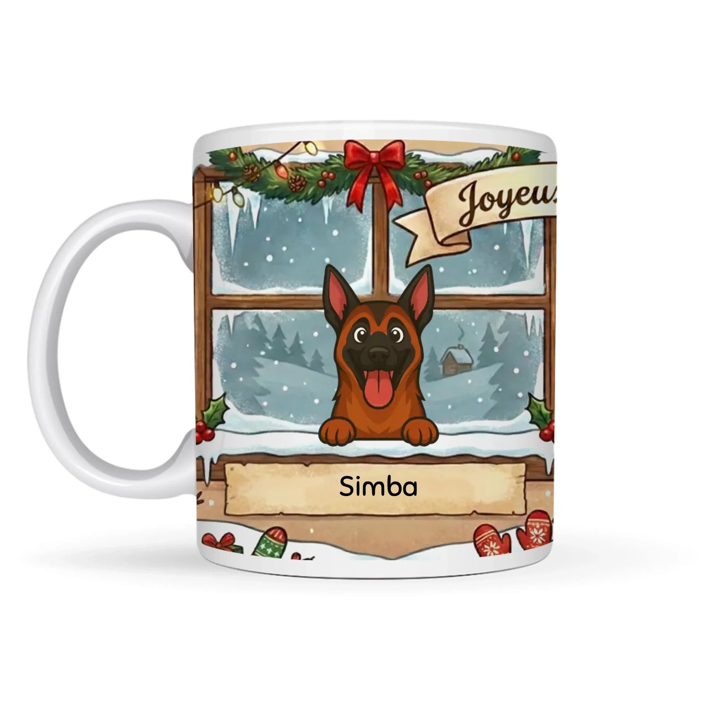 Gepersonaliseerde keramische kerst mok met een vrolijke hond die uit een versierd chalet raam kijkt, met naam Simba.