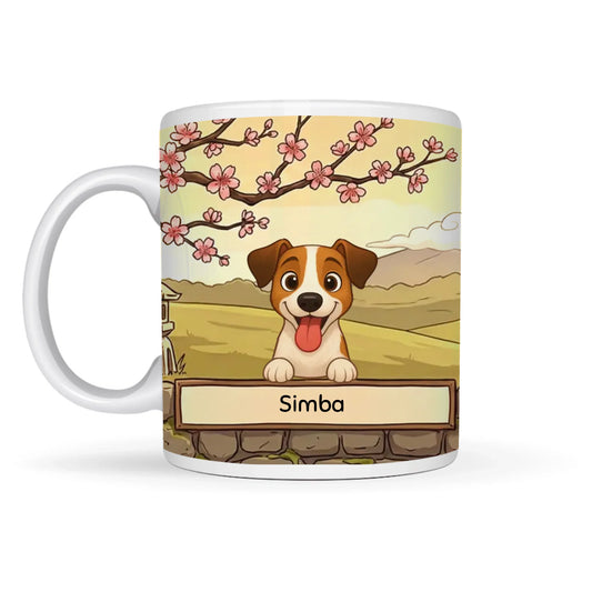 Tazza personalizzata in ceramica bianca con ritratto di cane Jack Russell sorridente su sfondo giapponese Fuji al tramonto e nome del pet personalizzabile.