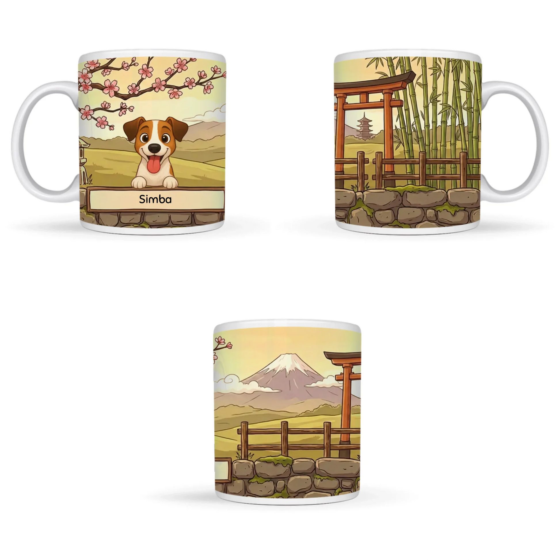 Dettaglio della tazza con cane sorridente, fiori di ciliegio rosa e banner per il nome del tuo animale domestico.