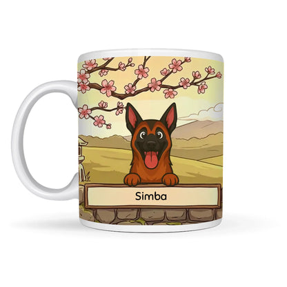 Gepersonaliseerde keramische mok met een vrolijke hond in een Japanse Fuji zonsondergang.