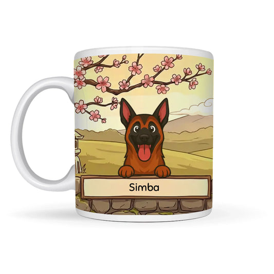 Gepersonaliseerde keramische mok met een vrolijke hond in een Japanse Fuji zonsondergang.