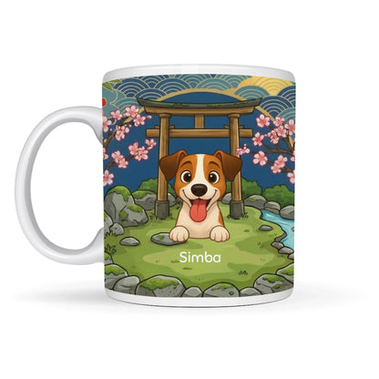 Personligt keramikkrus 'Bækkens Hvisken' med tegning af en glad hund i japansk have.