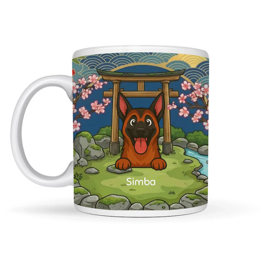 Witte gepersonaliseerde keramische mok met cartoon hond, Japanse tuin, Torii gate en kersenbloesems.