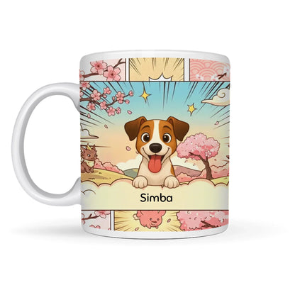Taza de cerámica personalizada con perro alegre estilo cómic El Despertar de los Guardianes.