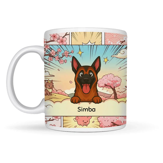 Gepersonaliseerde keramische mok met cartoon Duitse herder en bloesem in comic-stijl, naam 'Simba'.
