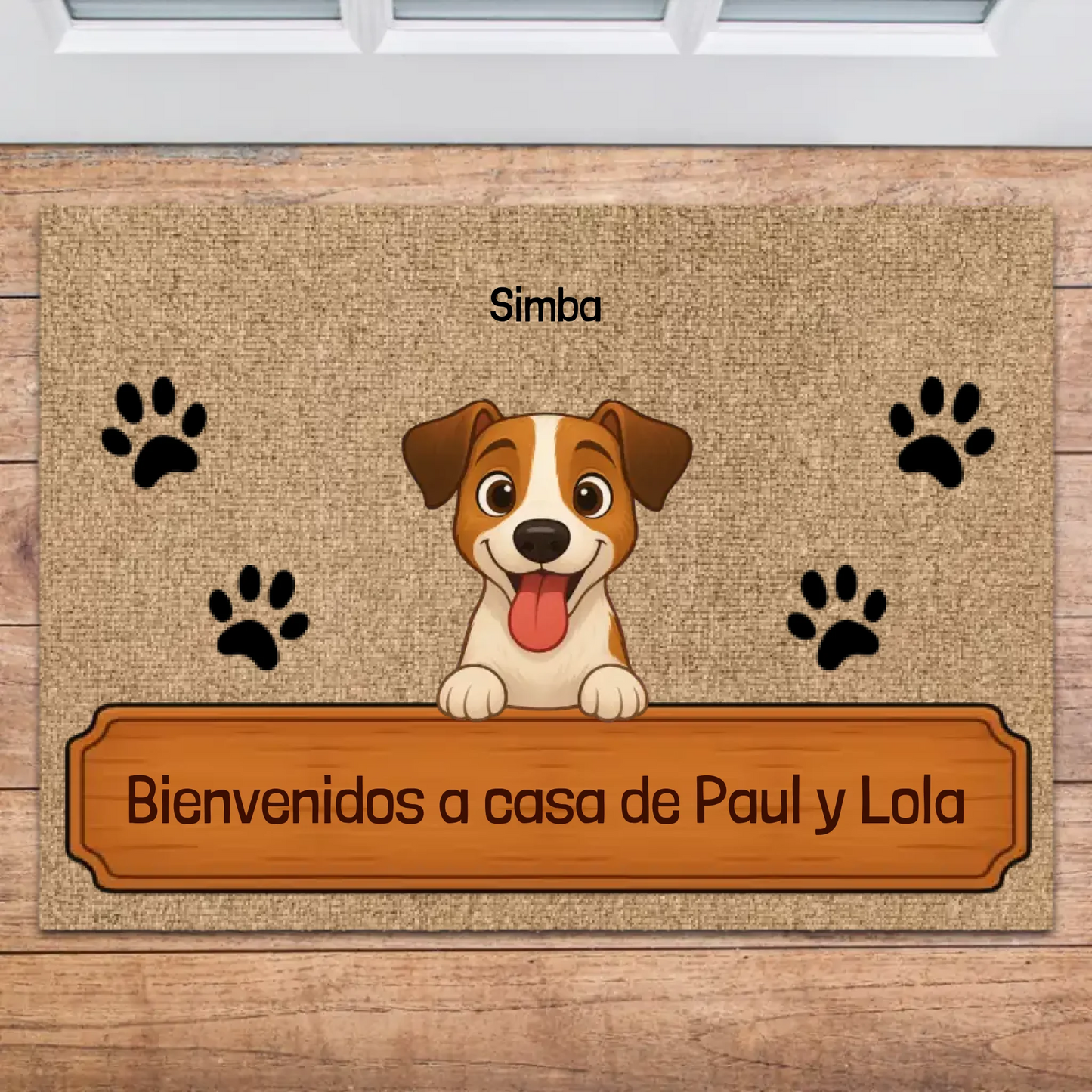 Felpudo personalizado con adorable perro de bienvenida y nombres de familia
