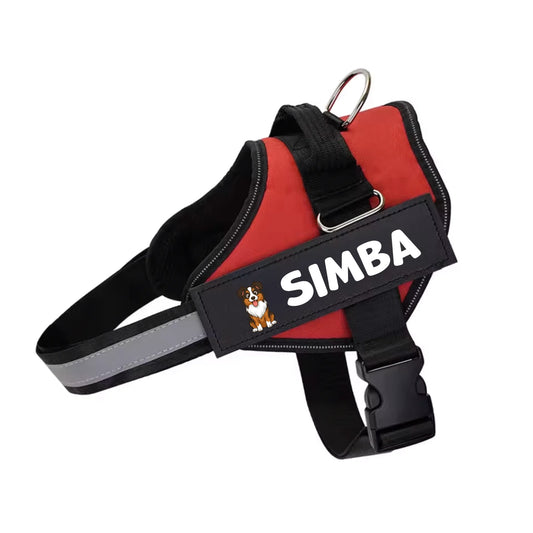 Personalized red dog harness with "SIMBA" name and cartoon sitting Bernese Mountain Dog portrait