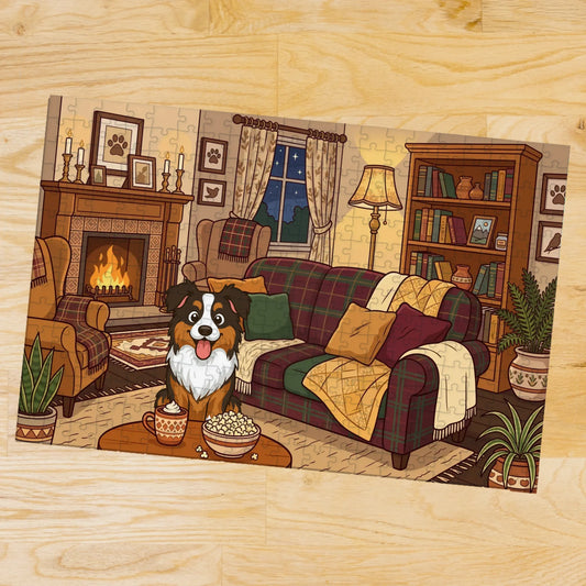 Personalized wooden jigsaw puzzle featuring a dog in a cozy living room at night with popcorn and hot cocoa.