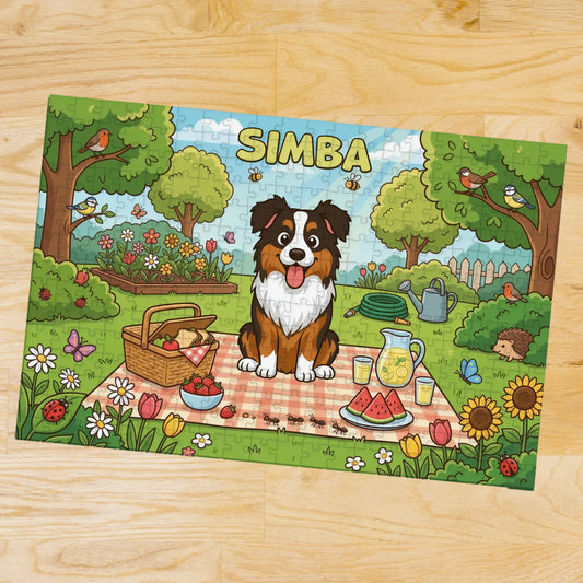 Personalized wooden jigsaw puzzle featuring a happy dog named Simba on a picnic blanket with food and a garden scene, from Draw My Pets.