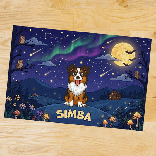 Personalized wooden puzzle with a cartoon dog under a magical moonlight and northern lights.