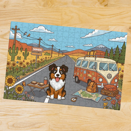 Personalized road trip puzzle featuring a happy cartoon dog and pet's name on a signpost.