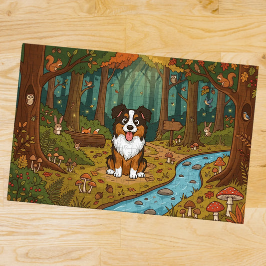 Personalized wooden jigsaw puzzle featuring a cartoon Australian Shepherd dog in an autumn forest scene with stream and woodland animals.