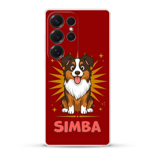 Personalized phone case featuring a joyful cartoon dog and 'My Sunshine' design on a red background with sunburst, for iPhone, Samsung, Google.