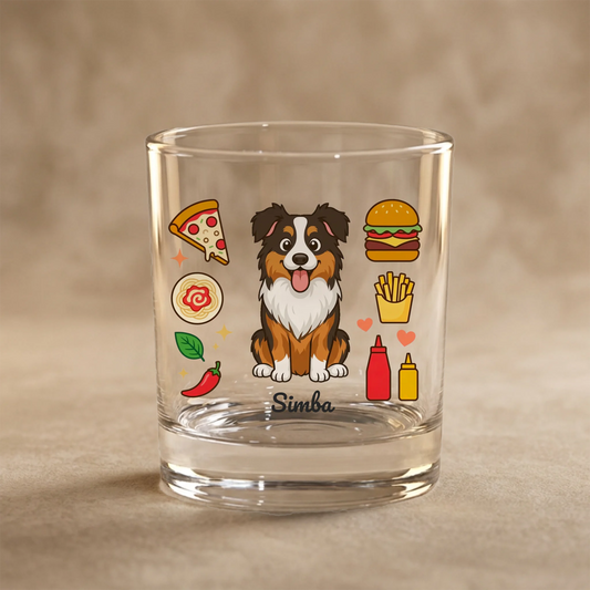 Personalized clear glass with cartoon Australian Shepherd and cheat meal foods, named Simba, on a plain background