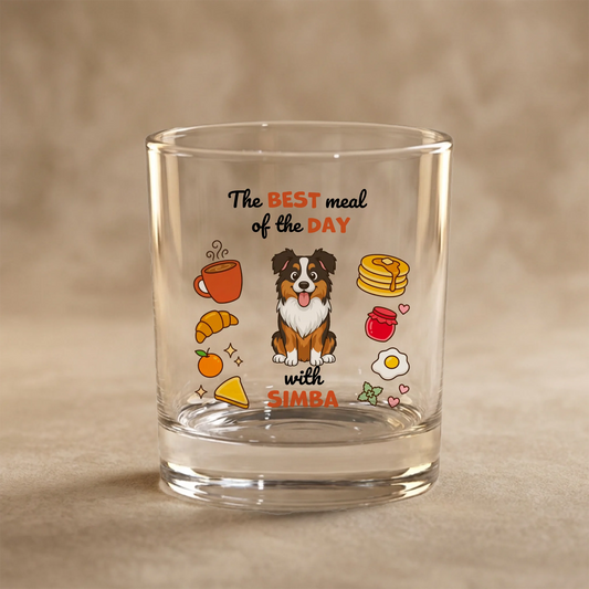 Personalized glass with cartoon Australian Shepherd and "The Best Meal of the Day with [Pet's Name]" design.