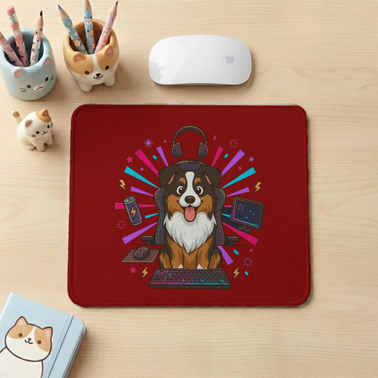 Personalized gaming mouse pad featuring a cheerful cartoon dog with headphones on a red background.