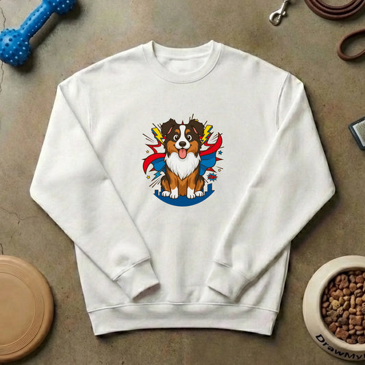White personalized 'My Superhero' sweatshirt featuring a cartoon Australian Shepherd in a cape, with lightning bolts and city skyline details.